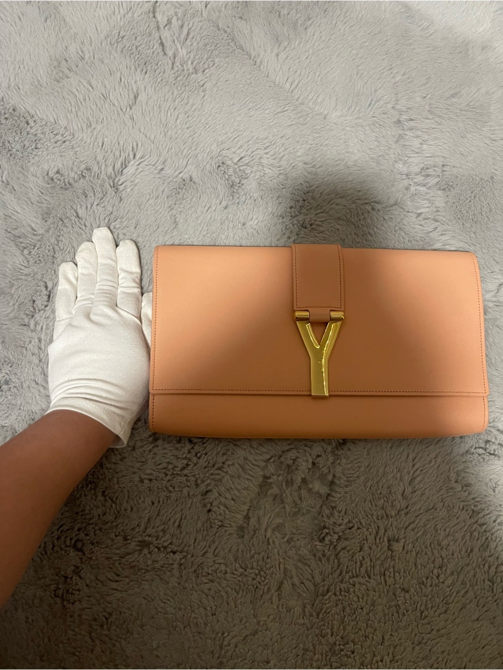 Saint Laurent Peach Leather Y-Front Clutch with Gold Hardware